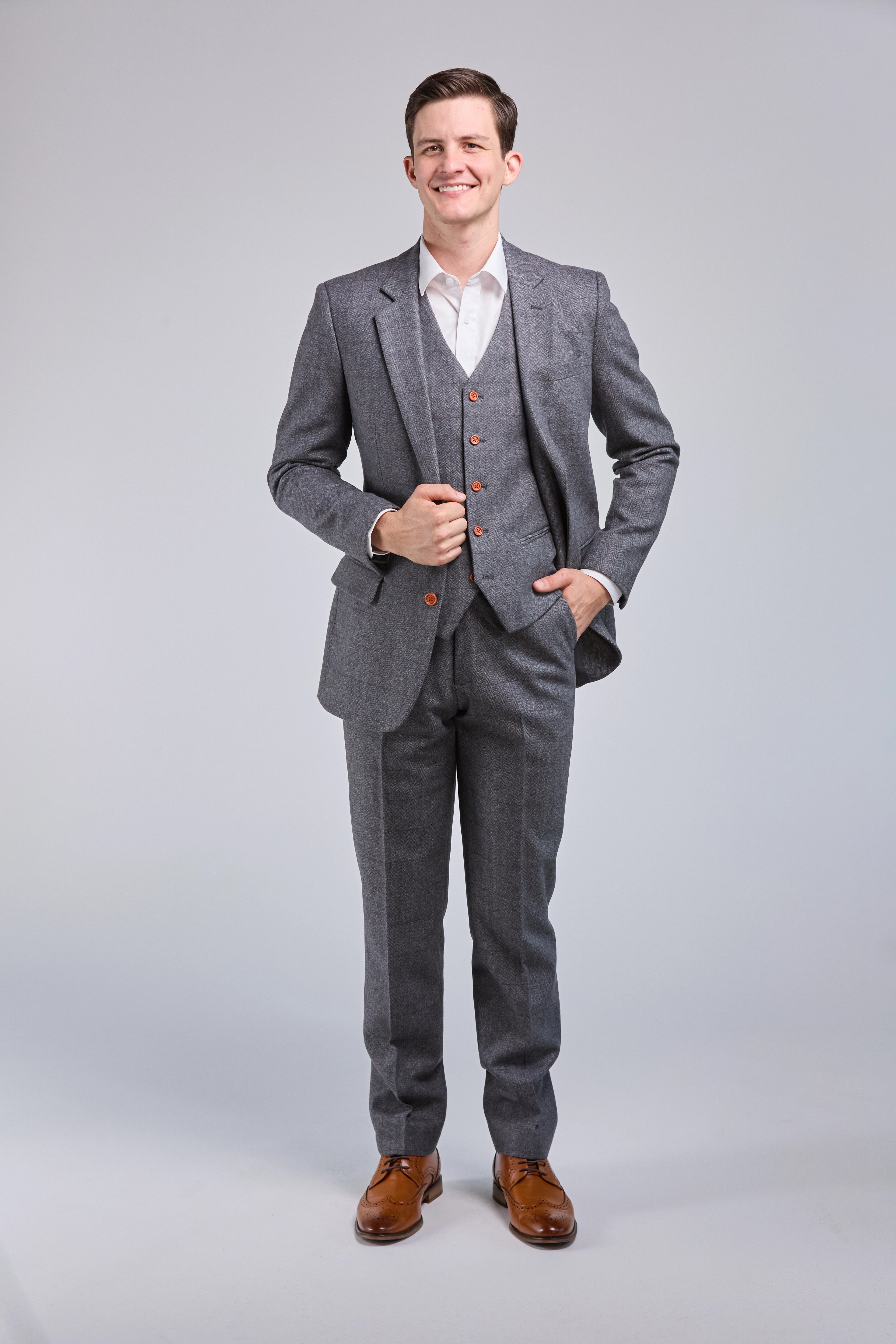 Everyday Outfits Prince Of Wales Grey Herringbone Tweed 3 Piece Suit