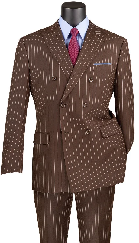 Wool Sweaters Rockefeller Collection - Double Breasted Stripe Suit Brown Regular Fit 2 Piece