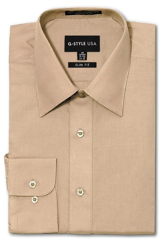 Warm Jackets Men's Slim Fit Solid Color Dress Shirt (Beige)