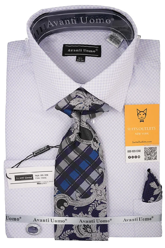 Relaxed Wear Lilac Mini-Check French Cuff Dress Shirt Set with Tie, Cuff Links and Pocket Square