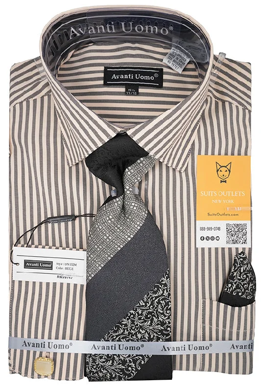 Sporty Wardrobe Black and Beige Striped French Cuff Dress Shirt Set with Tie, Cuff Links and Pocket Square