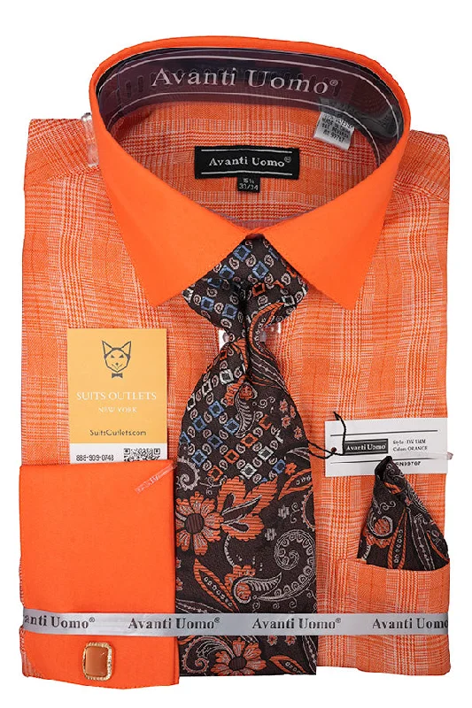 Soft T-Shirts Orange Plaid French Cuff Dress Shirt Set with Cuff Links, Tie and Pocket Square