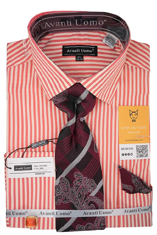 Varsity Jackets Red and White Striped French Cuff Dress Shirt Set with Tie, Cuff Links and Pocket Square