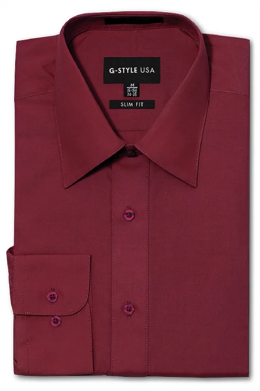 Stylish Polos Men's Slim Fit Solid Color Dress Shirt (Burgundy)