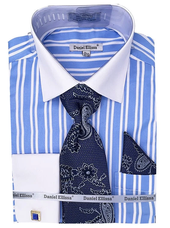 Boho Menswear Blue Striped French Cuff Dress Shirt Set with Tie and Pocket Square