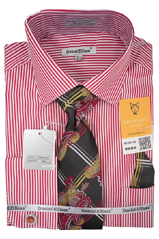 Bomber Jackets Red White Bold Stripe French Cuff Dress Shirt with Tie, Cuff Links and Pocket Square