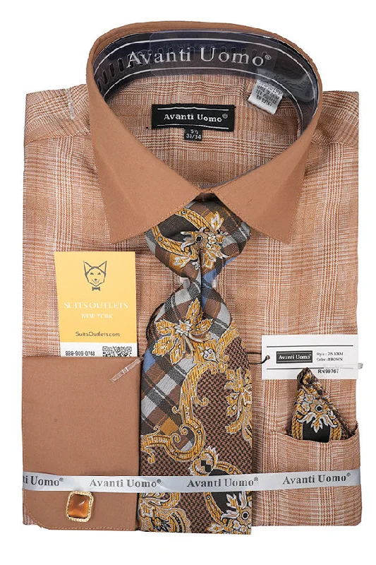 Timeless Style Brown Plaid French Cuff Dress Shirt Set with Cuff Links, Tie and Pocket Square