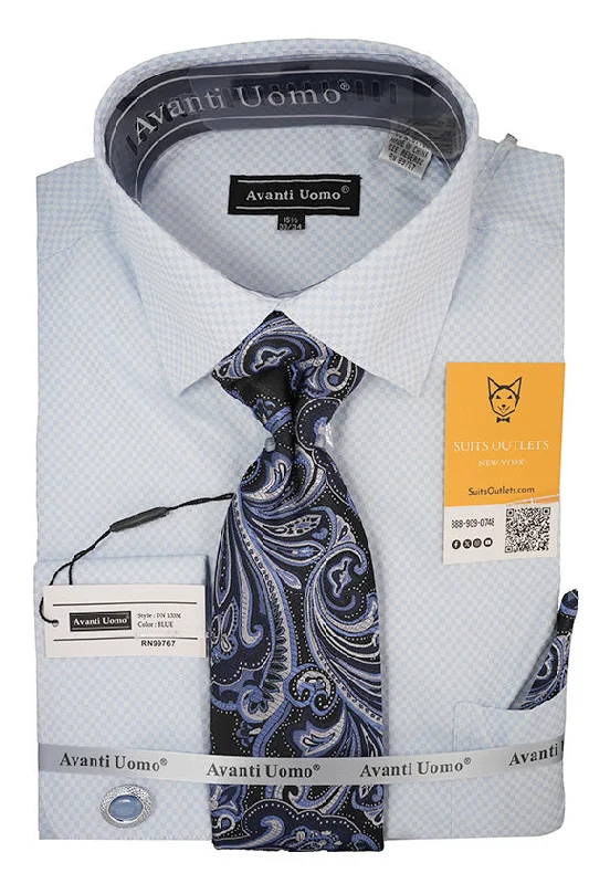 Premium Fabric Blue Mini-Check French Cuff Dress Shirt Set with Tie, Cuff Links and Pocket Square