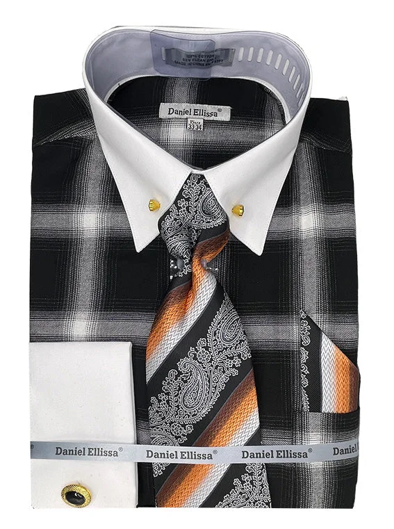 Stylish Polos Black Tone on Tone Check Printed French Cuff Dress Shirt Set