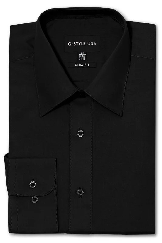 Printed Jackets Men's Slim Fit Solid Color Dress Shirt (Black)