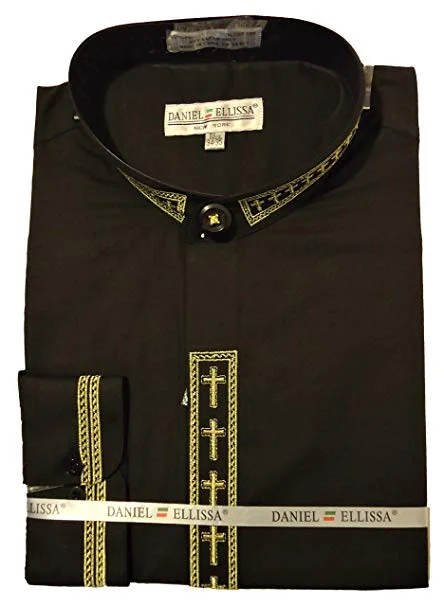 Chunky Sneakers Men's Banded Collar Embroidered Convertible Cuff Shirt in Black/Gold