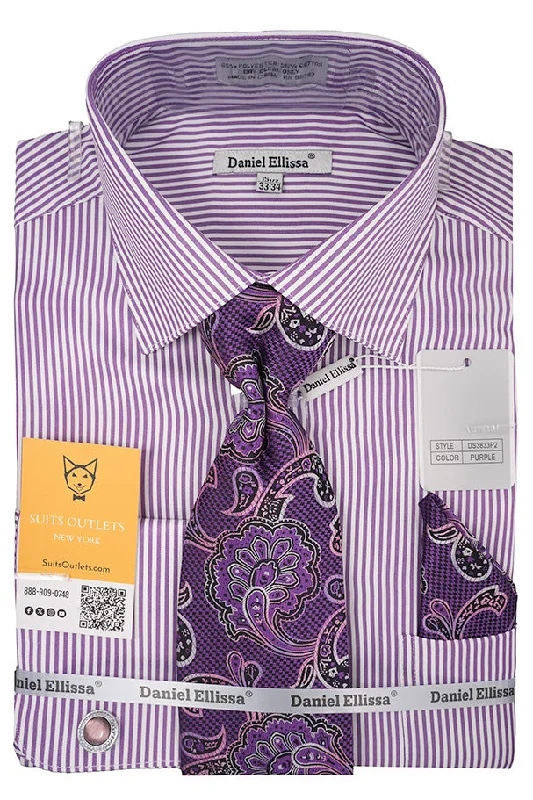 Effortless Style Purple White Bold Stripe French Cuff Dress Shirt with Tie, Cuff Links and Pocket Square