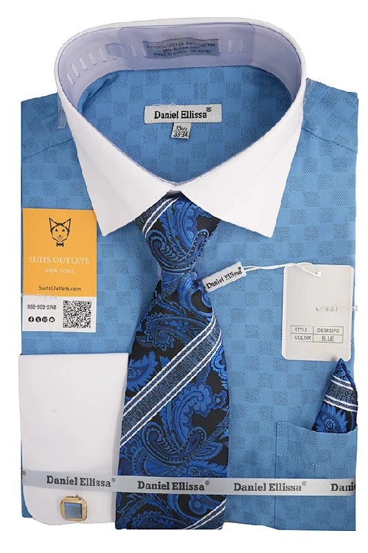 Casual Trends Blue White French Cuff Dress Shirt Set with Tie, Cuff Links and Pocket Square