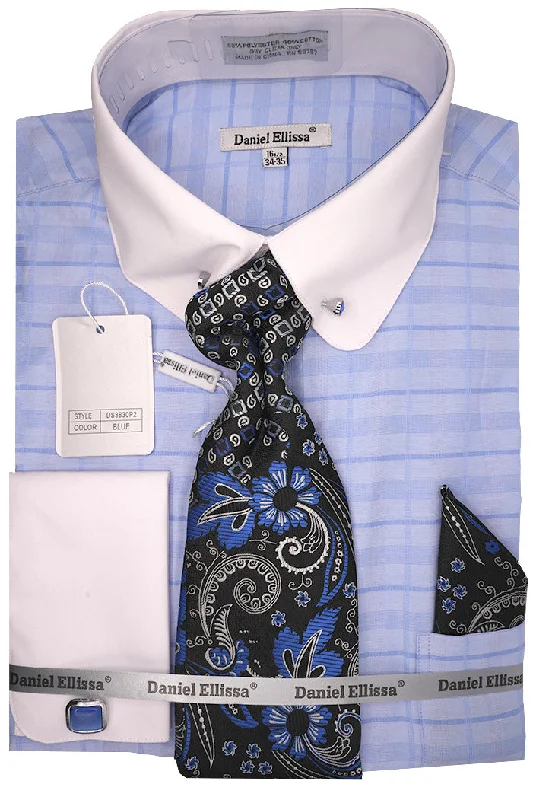 Lightweight Coats Blue Tone-on-tone Check Dress Shirt Set with Tie and Handkerchief