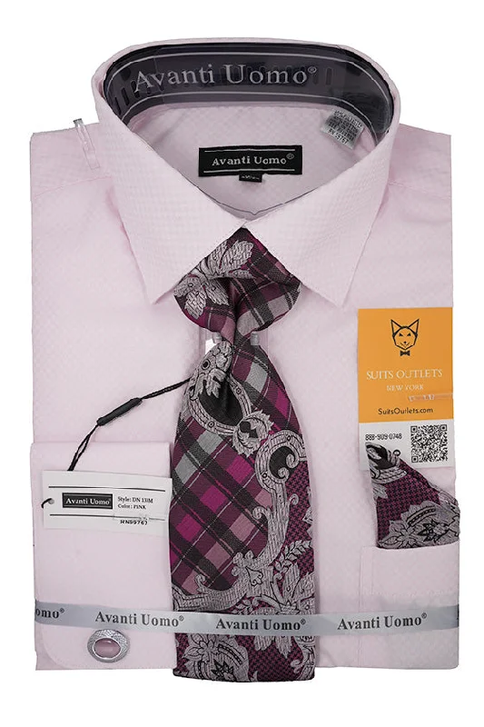 Jogging Jackets Pink Mini-Check French Cuff Dress Shirt Set with Tie, Cuff Links and Pocket Square