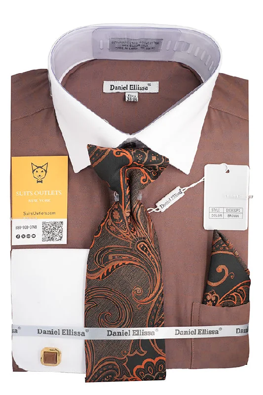 Modern Comfort Brown White French Cuff Dress Shirt Set with Tie, Cuff Links and Pocket Square