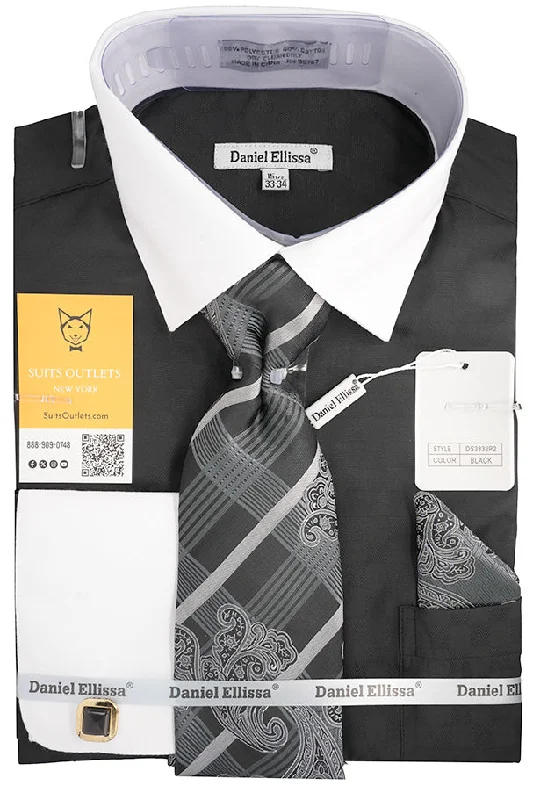 Practical Clothing Black White French Cuff Dress Shirt Set with Tie, Cuff Links and Pocket Square