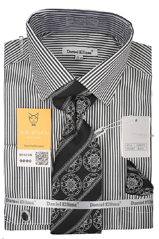 Versatile Style Black White Bold Stripe French Cuff Dress Shirt with Tie, Cuff Links and Pocket Square