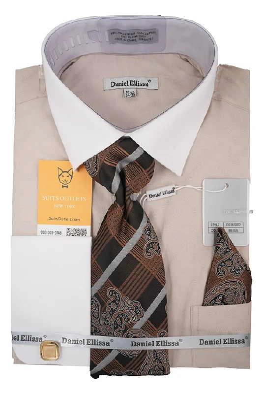 Essential Wardrobe Beige White French Cuff Dress Shirt Set with Tie, Cuff Links and Pocket Square