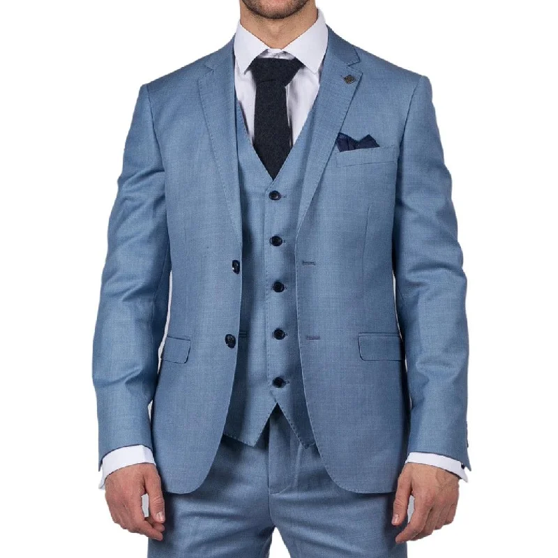 Soft Fabrics Mens Light Blue Sky 3 Piece Suit Classic Stitch Wedding Summer Prom Classic