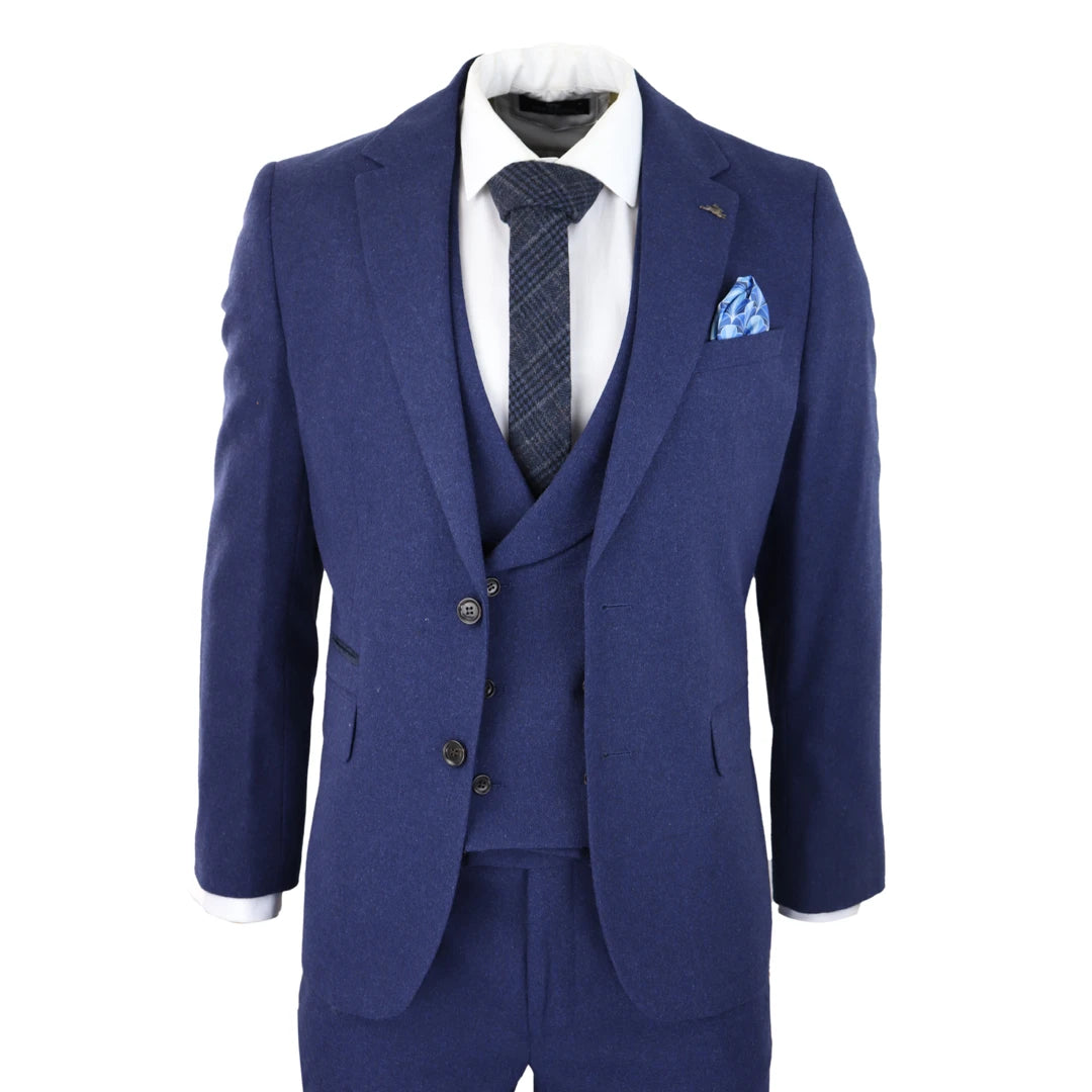 Smart Casual 57298-Eton - Men's Wool 3 Piece Blue Suit Double Breasted Waistcoat Wedding Party 1920s