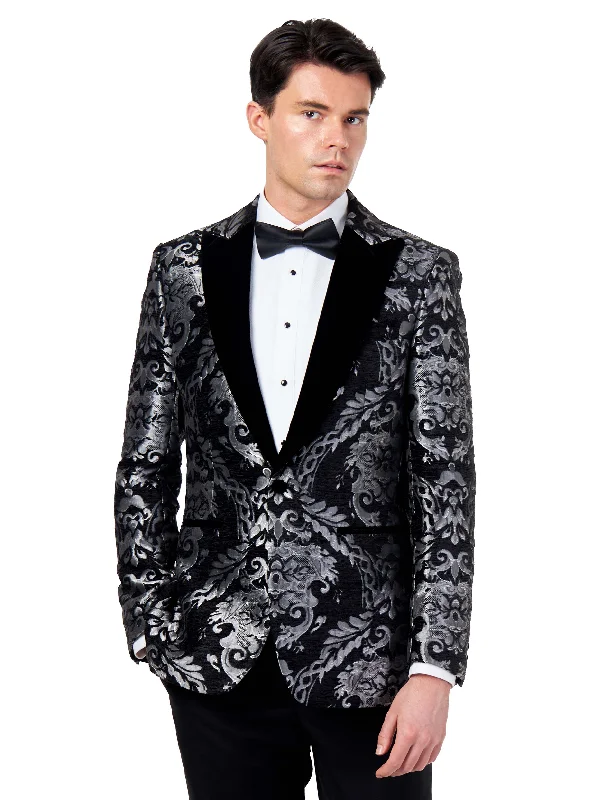 Simple Styles GLEN – SILVER GREY PAISLEY BROCADE PRINT TUX JACKET