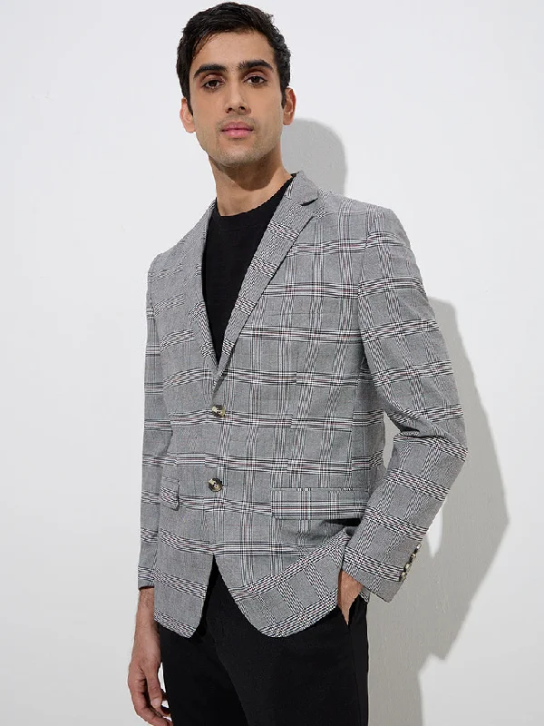 Premium Outfits WES Formals Grey Plaid Design Slim-Fit Blazer