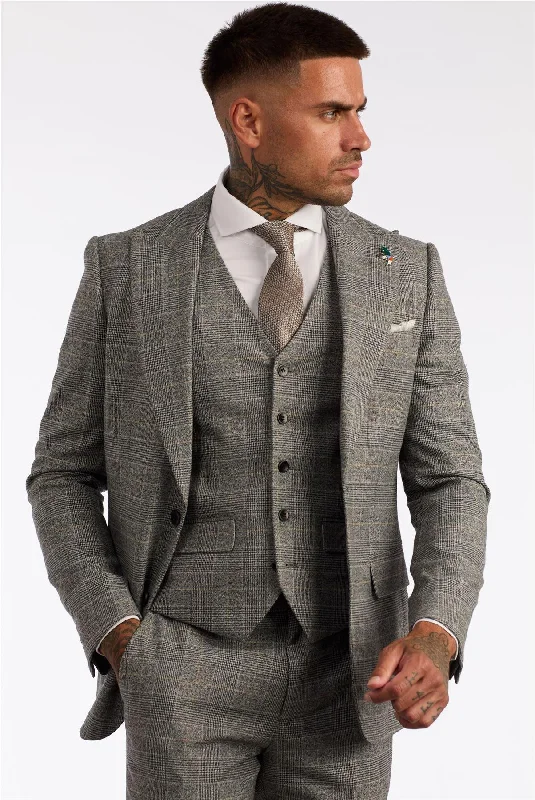 Premium Comfort Men's Grey 3 Piece Suit Prince Of Wales Check Formal Business Dress Suits