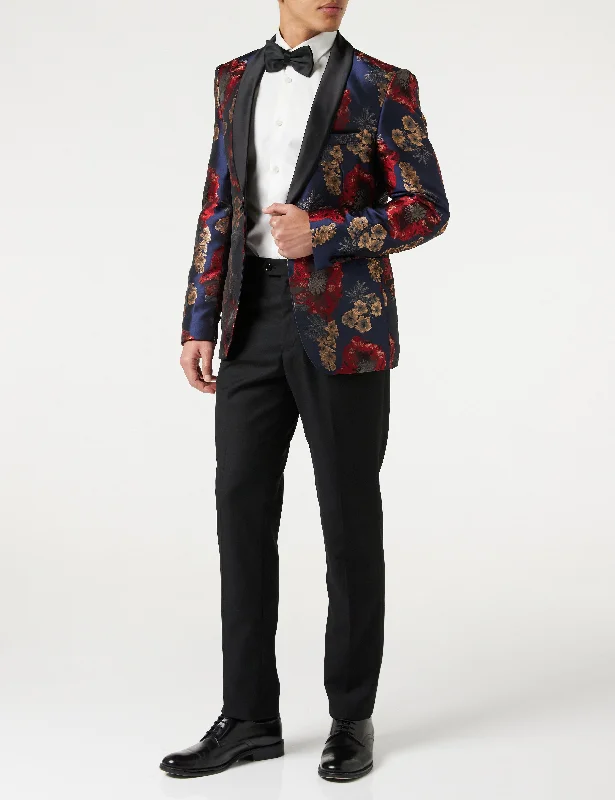 Comfortable Style Flocked Floral Red Navy Tux Jacket