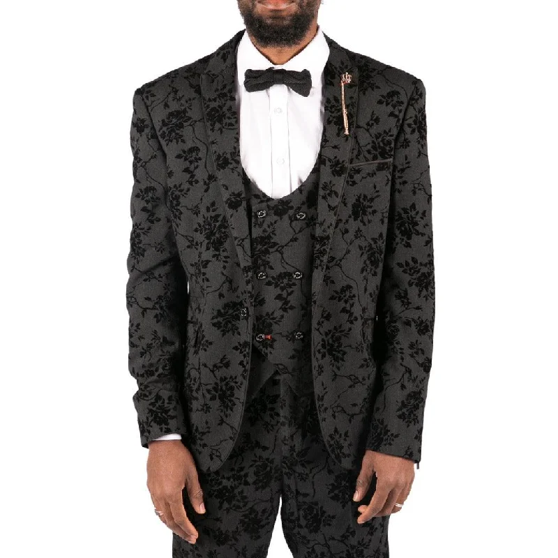 Retro Style Mens Black 3 Piece Suit Paisley Velvet Wedding Grrom Best Man Tailored Fit