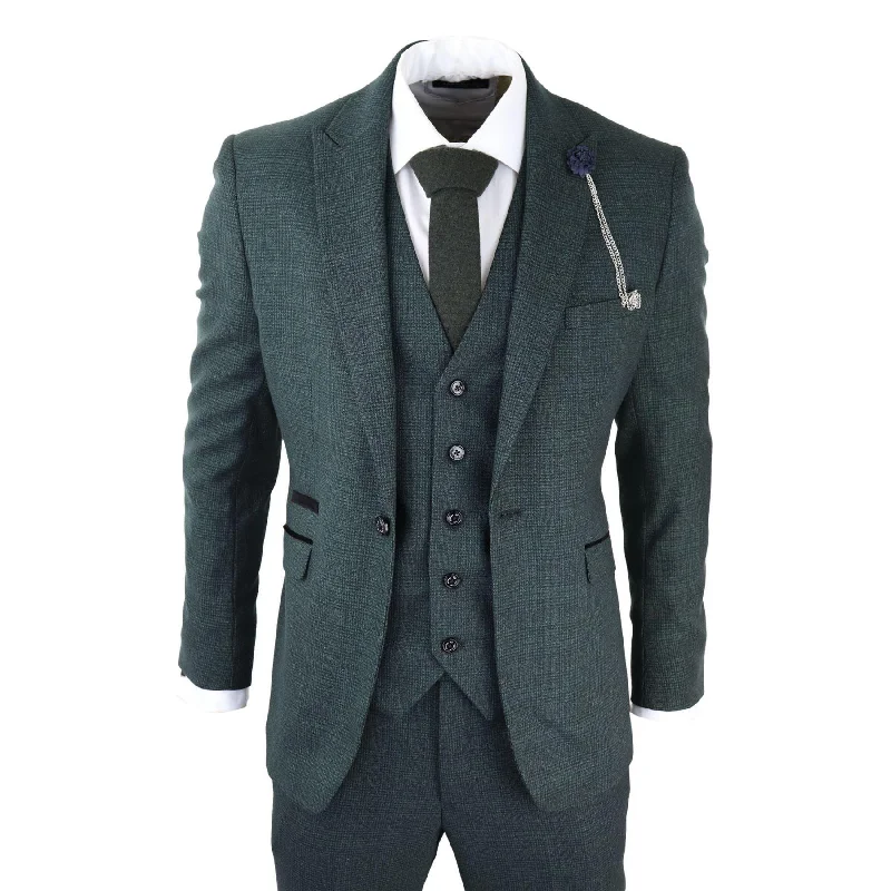 Sporty Suits Mens 3 Piece Check Suit Tweed Olive Green Tailored Fit Wedding Peaky Classic