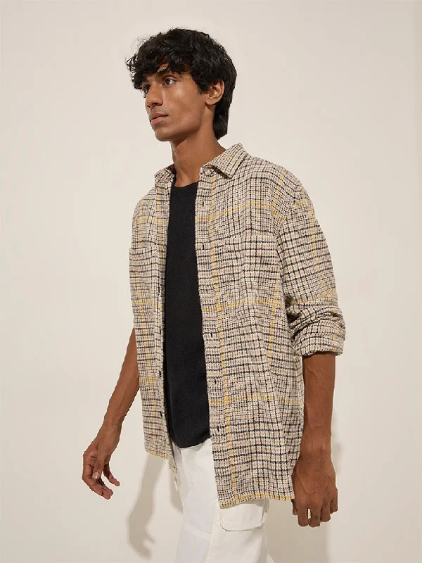 Urban Shirts Nuon Beige Checkered Relaxed-Fit Cotton Shacket