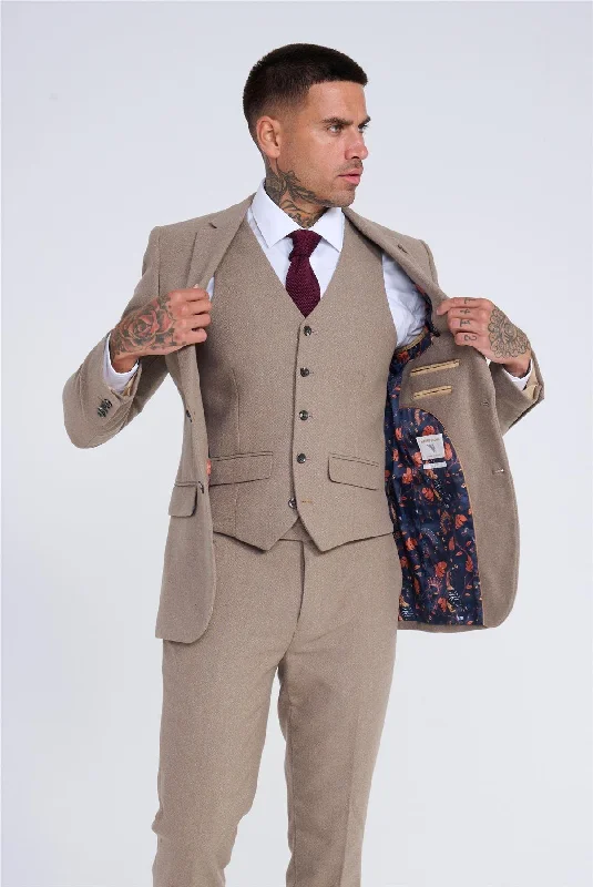 Everyday Essentials Men's Beige 3 Piece Suit Tweed Wool Herringbone Formal Business Dress Suits