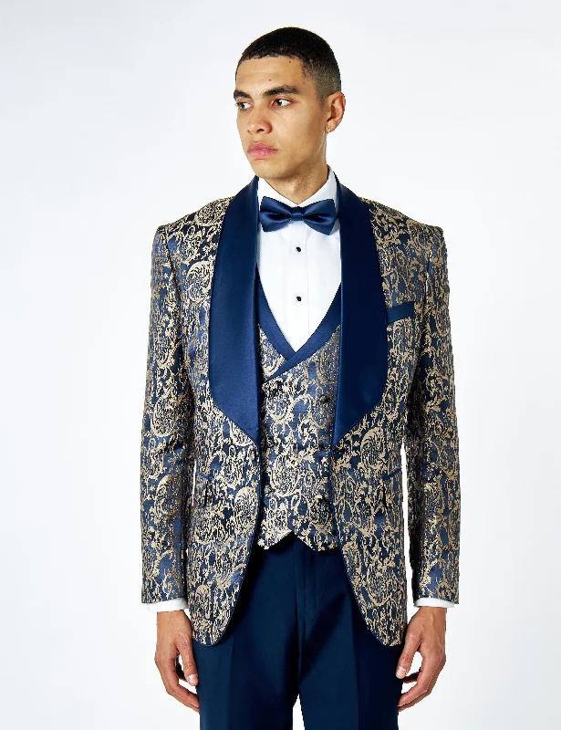 Comfortable Pants LOUIS – NAVY GOLD JACQUARD PRINT DINNER TUXEDO JACKET