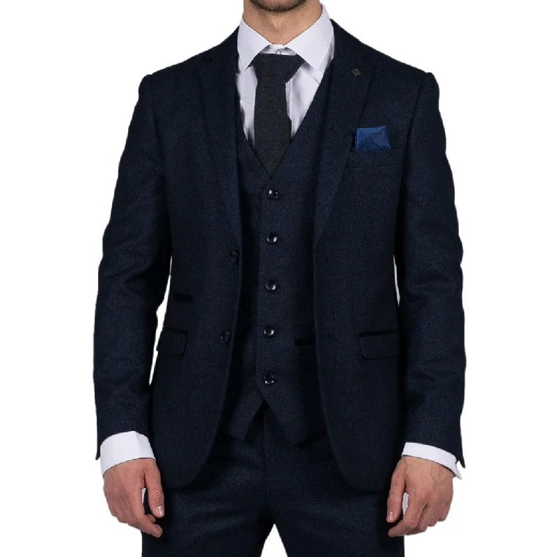 Slim-fit Trousers Mens Navy Blue 3 Piece Suit Birdseye Suit Wedding Prom Formal Smart Classic