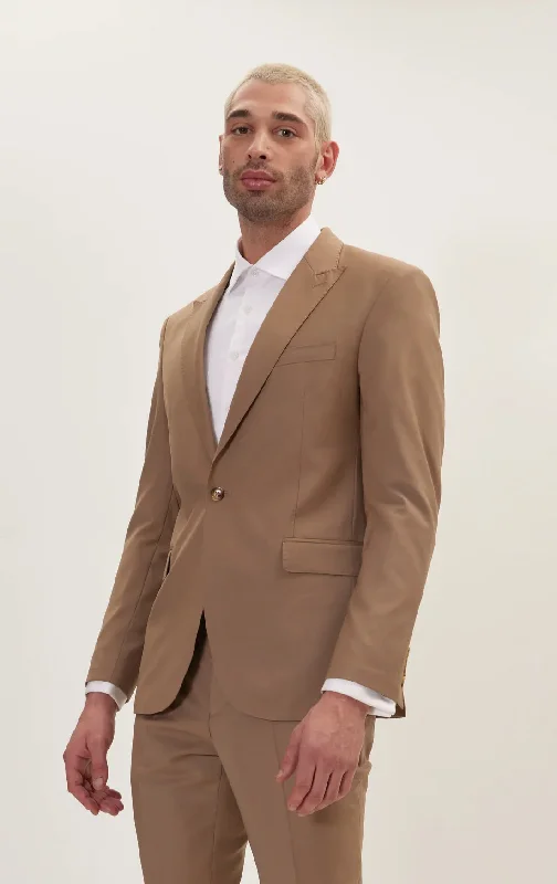 Versatile Looks Single Breasted Peak Lapel Merino Suit - Khaki