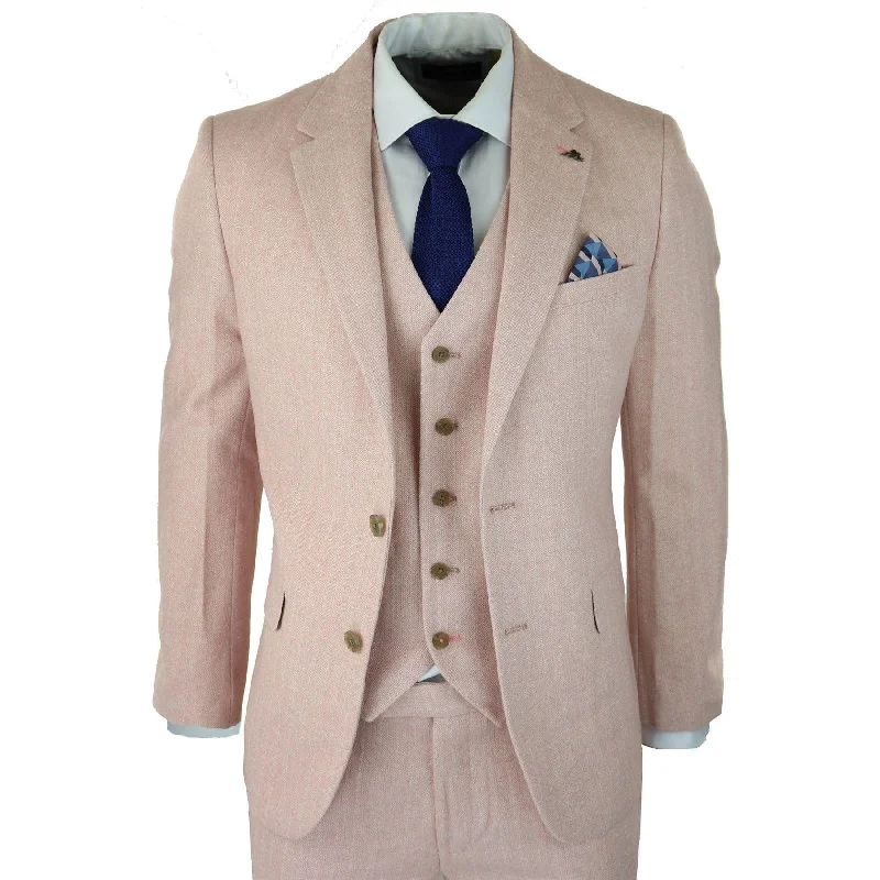 Puffer Jackets Mens Herringbone Tweed 3 Piece Suit Pink Blush Retro Vintage Short Reg Long