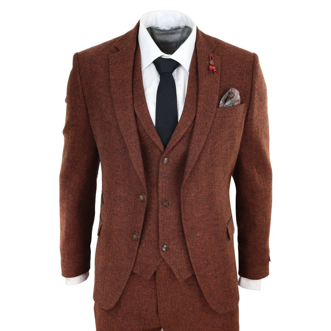 Casual Outfit 281-02 - Men's Camel 3 Piece Tweed Suit Herringbone Wool Fit