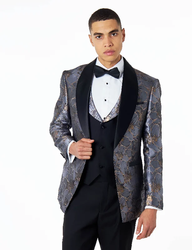 Classic Casual JASON - GREY BLUE FLORAL PRINTED PARTY TUXEDO JACKET