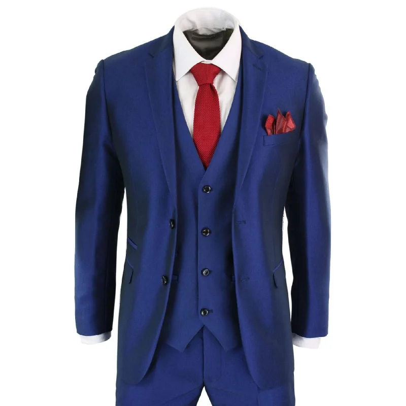 Casual Jackets Mens 3 Piece Shiny Blue Wedding Prom Party Suit Tailored Fit Smart Formal