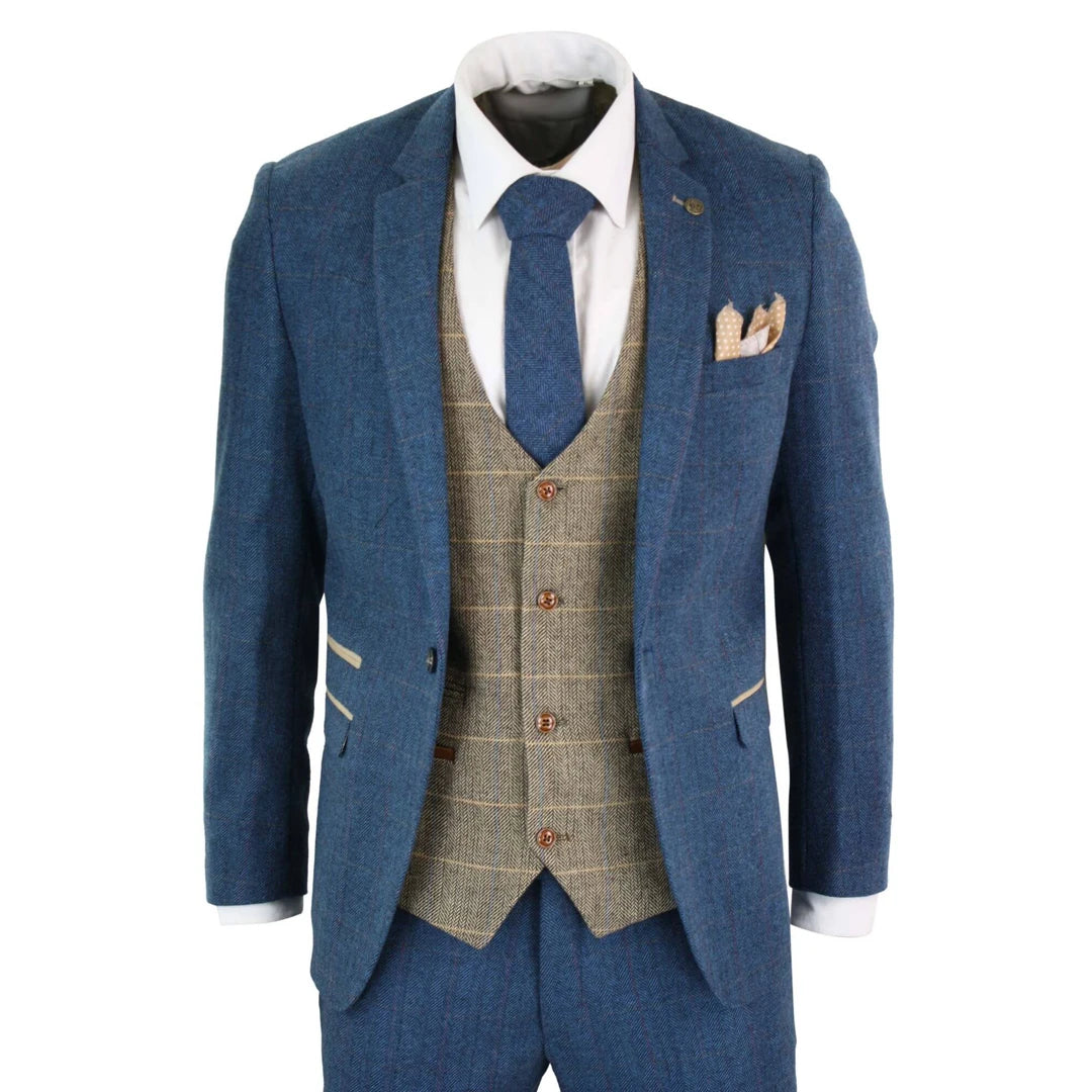 Graphic Caps Dion - Men's Blue Tan Brown 3 Piece Herringbone Tweed Check Suit