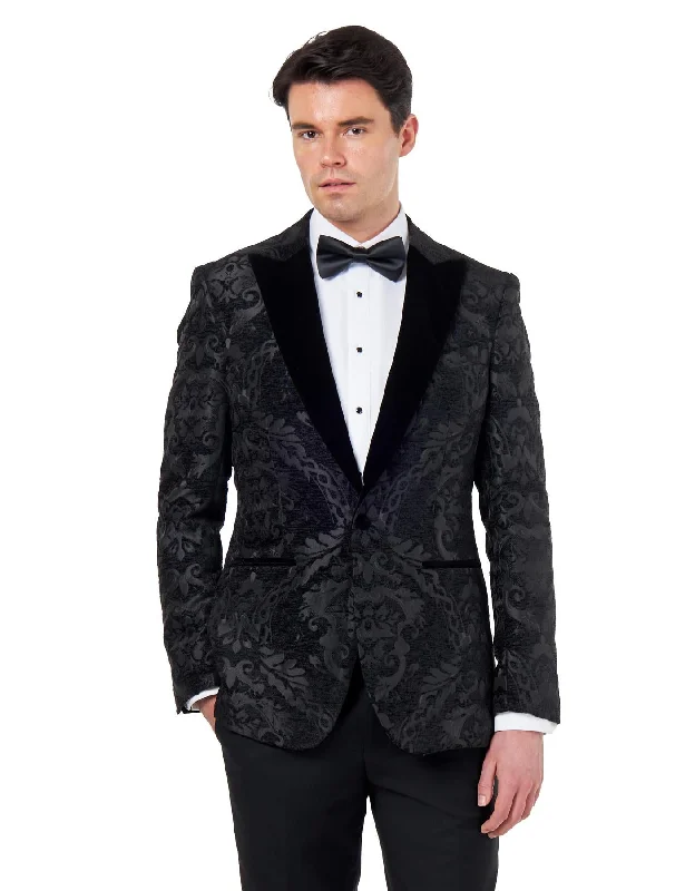 Versatile Style GLEN – BLACK ORNATE JACQUARD PRINT TUXEDO JACKET