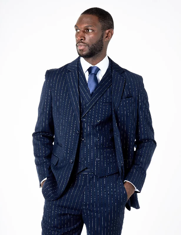 Trench Coats NEIL - NAVY DOUBLE BREASTED GOLD PINSTRIPE JACKET