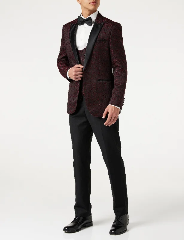 Outdoor Wear BRIAN - Floral Jacquard Print Red Tuxedo Jacket With Waistcoat