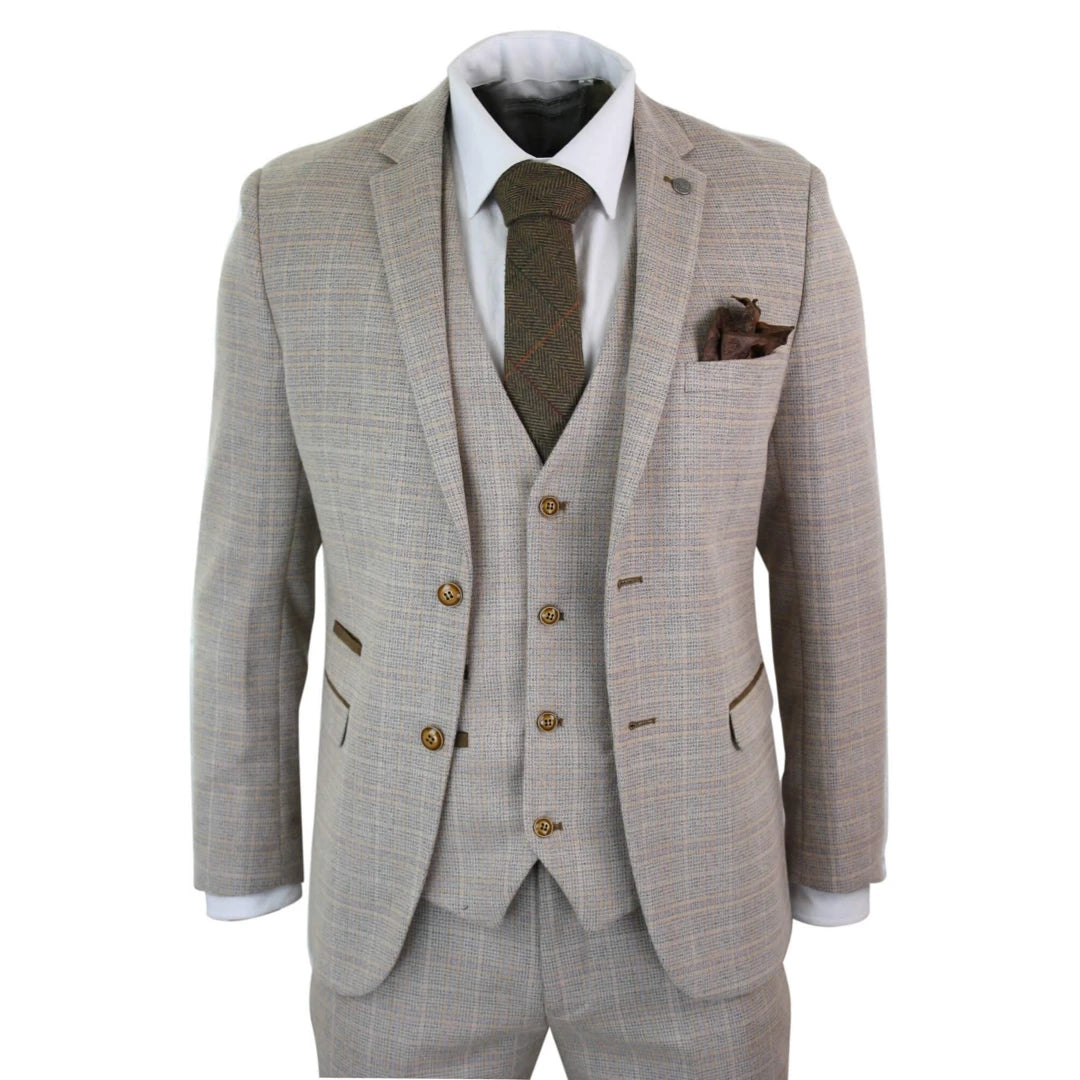 Cozy Fit Holland - Men's Check Tweed Beige Brown 3 Piece Suit Wedding Prom Classic