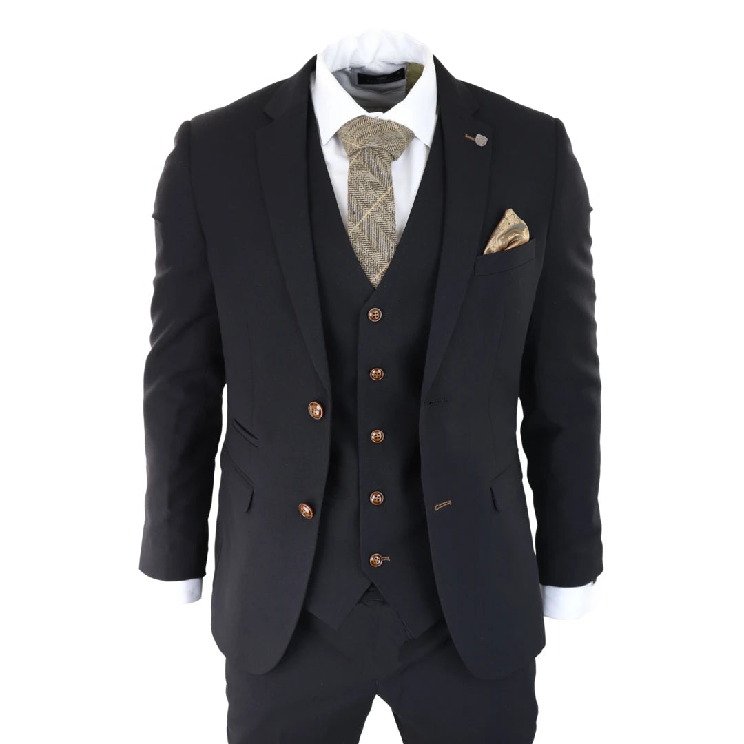 Relaxed Looks Mayfair - Men's Black 3 piece Suit Brown Trim Classic Birdseye Wedding Grooms