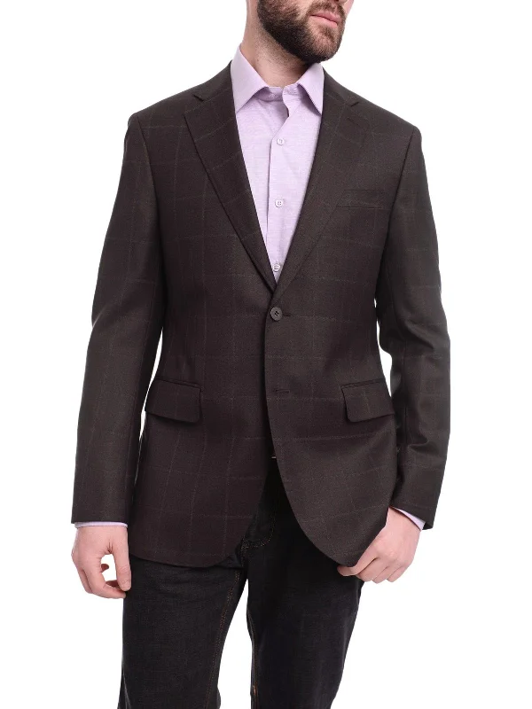 Lounge Wear Napoli Slim Fit Brown Plaid Windowpane Half Canvassed Tallia Deflino Wool Blazer