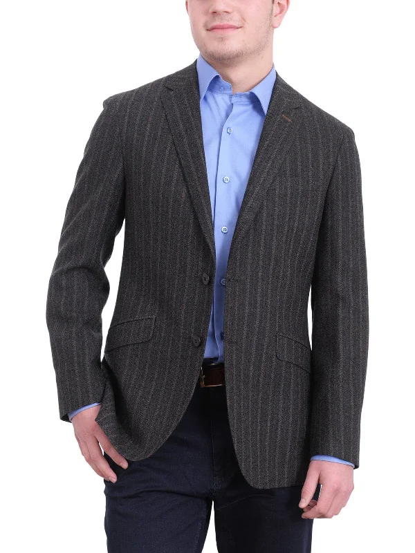 Simple Styles Napoli Gray Brown Striped Flannel Half Canvassed Wool Sportcoat Elbow Patches