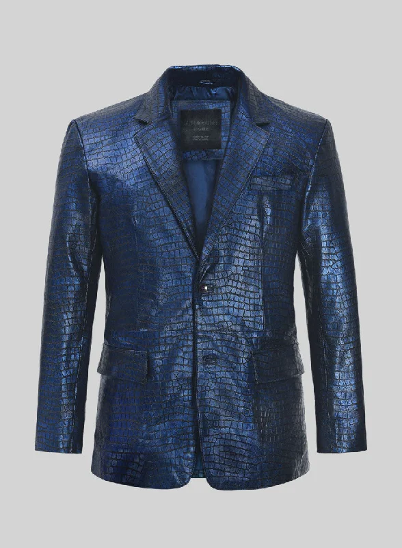 Casual Knitwear Croc Metallic Blue Leather Blazer