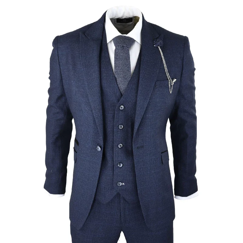 Urban Apparel Mens Herringbone Tweed Navy Blue Check 3 Piece Vintage Suit Tan